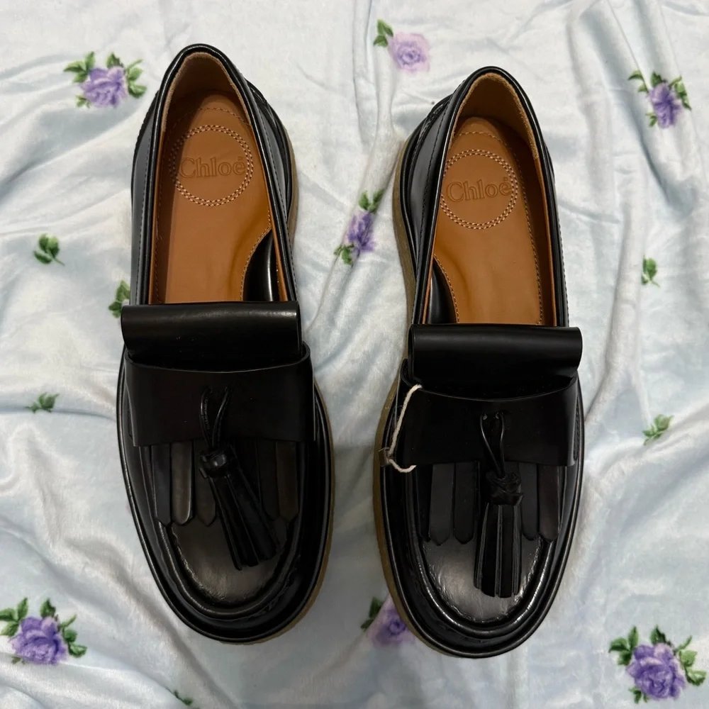 NWOB Chloe Jamie Black Platform Leather Tassel Loafers sz37 - Picture 7 of 7